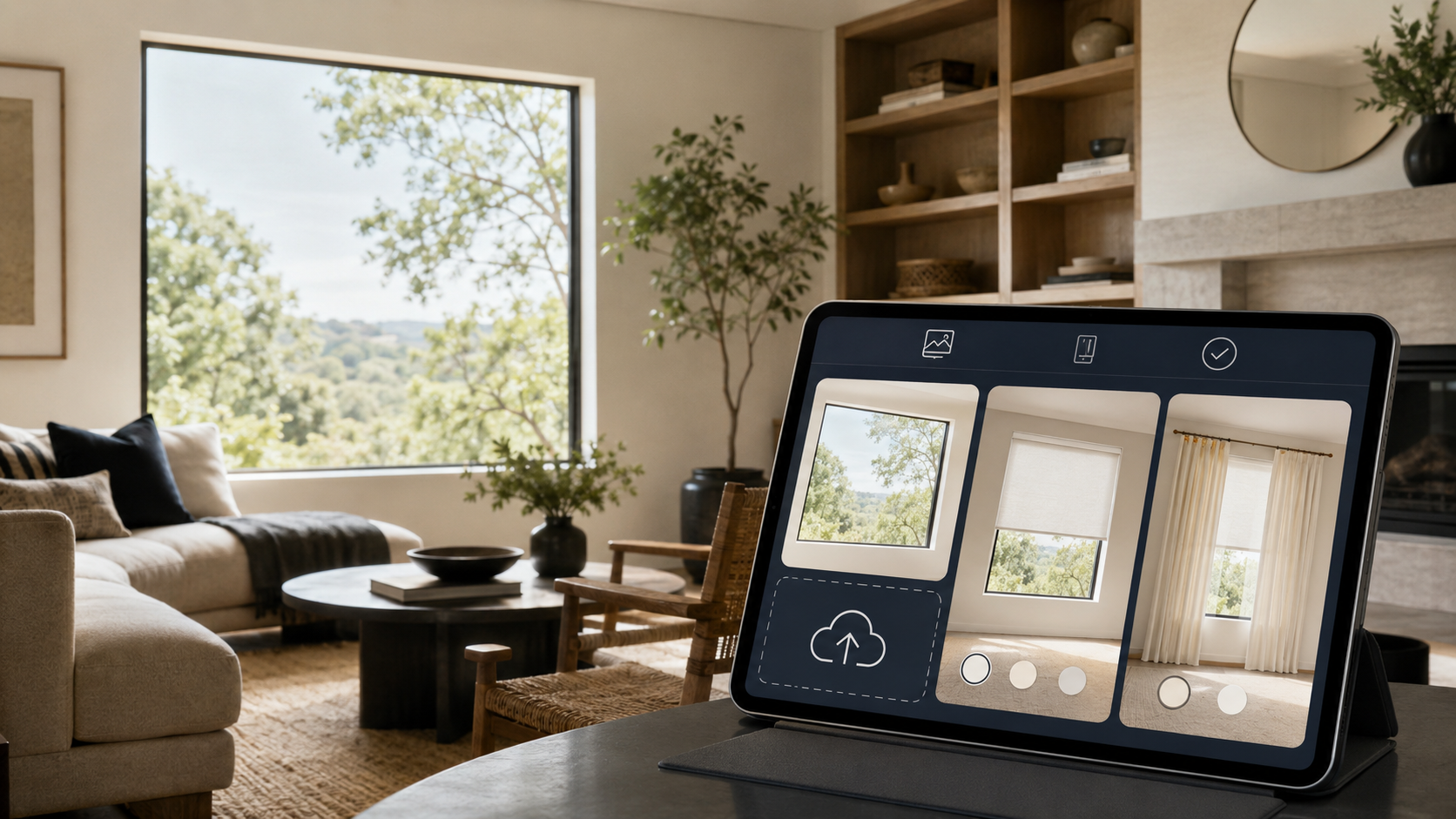 A living room and tablet showing a virtual window treatment preview